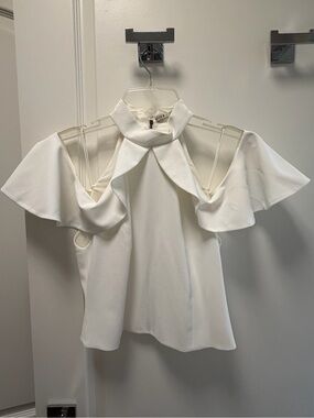 Alice + Olivia White Cold-Shoulder Ruffle Mock Neck Blouse